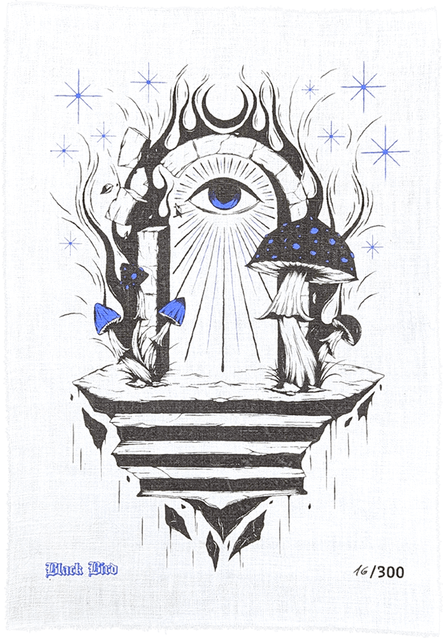 Oeuvre de Black Bird, un artiste tatoueur lyonnais pour sa collaboration avec Bisart. Elle reprend des éléments phares de l'artistes comme la porte, l'oeil, les champignons et la lune.