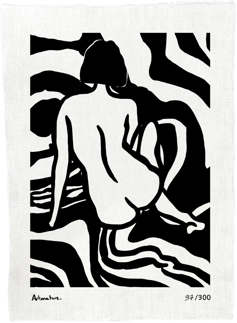 Oeuvre de Artmature, une artiste strasbourgeoise pour sa collaboration avec Bisart. Elle montre une femme nue de dos sur un fond blanc.