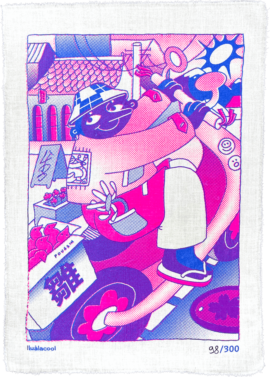 Oeuvre de Illualacool, une artiste lyonnaise pour sa collaboration avec Bisart. Elle montre un personnage faisant du scooter avec des couleurs vives.