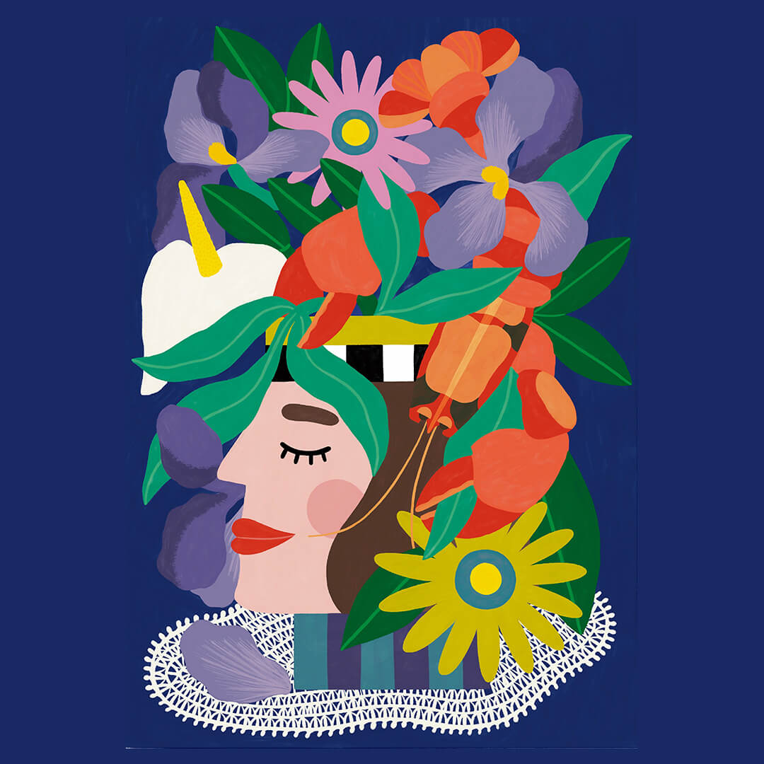 oeuvre de piment martin représentant une nature morte avec une tête en guise de vase pour des fleurs